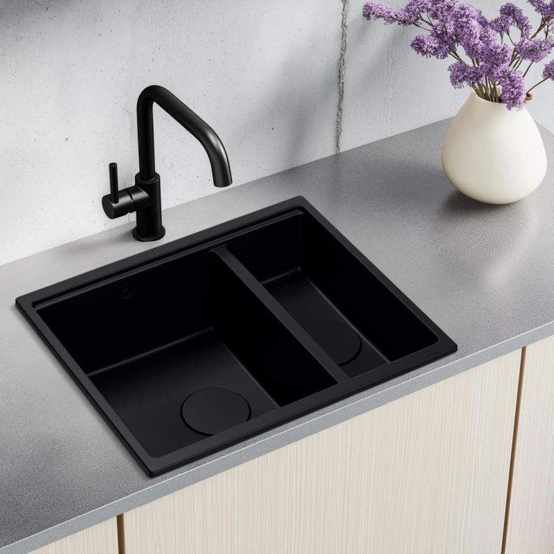 Quadri Newport II granite black inset and undermount sink 1,5-bowl 555x460mm  with stainless steel manual siphon 1208957861