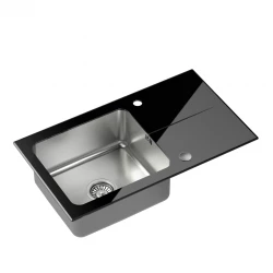 Quadri Glazz vstavaný nerezový drez s čiernou sklenenou odkvapovou časťou, obojstranný, 77x44, 1208957862