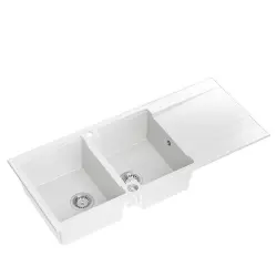 Quadri Luton dvojitý drez z granitu biely s odkvapkávacou plochou 116x50 cm s nerezovou zátkou 1208957882