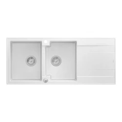 Quadri Luton dvojitý drez z granitu biely s odkvapkávacou plochou 116x50 cm s nerezovou zátkou 1208957882
