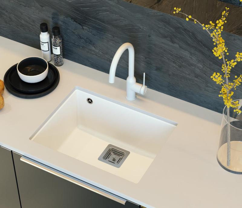Quadri Quadrangle white undermount granite sink 55x42cm with stainless steel plug 1208957884