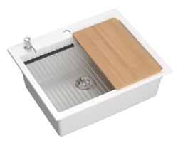 Quadri Durham white granite built-in sink 595x500 with soap dispenser, cutting board, roll mat, insert sink, and roll mat 1208957903
