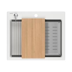Quadri Durham white granite built-in sink 595x500 with soap dispenser, cutting board, roll mat, insert sink, and roll mat 1208957903