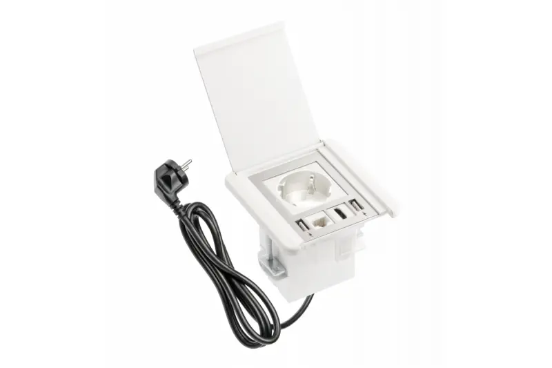 Indux Flip matná biela vstavaná zásuvka s uzemnením, 2x USB A, 1x RJ45 a HDMI pripojenie 1208957919