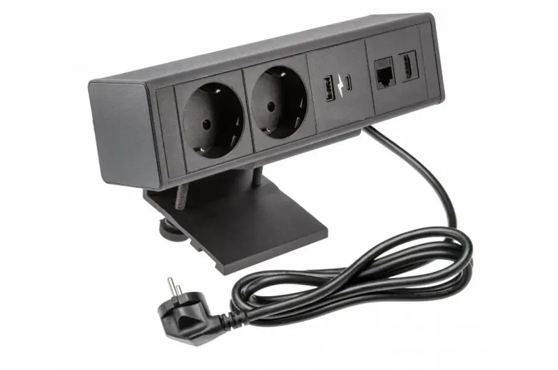 Indux Desk čierna písacia alebo stolová podložka s uzemnenou zásuvkou (2x) s 1x USB A, 1x USB C, 1x RJ45 a 1x HDMI 1208957922