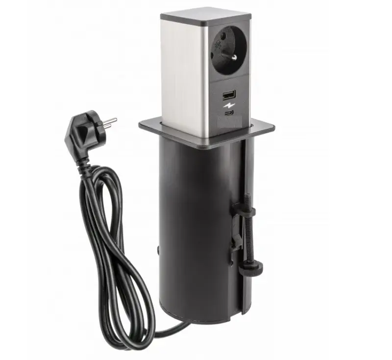 Indux Push vysúvacia čierna zásuvka so zemným kontaktom s 1xUSB A a 1xUSB C so nerezovým krytom 1208957928