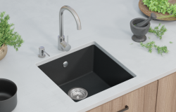 GraniteMy Universele zwarte granieten spoelbak 40x40 cm, zwart, voor inbouw, onderbouw en vlakbouw met RVS plug 1208958318
