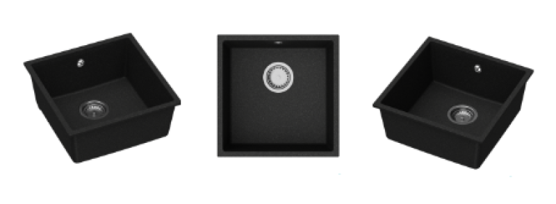 GraniteMy Universele zwarte granieten spoelbak 40x40 cm, zwart, voor inbouw, onderbouw en vlakbouw met RVS plug 1208958318