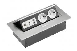 Predlžovací kábel na pracovný stôl 2x zásuvka Schuko, zásuvka USB, audio (banánová), zásuvka RJ45 (Ethernet), bez kábla, hliník 1208958663