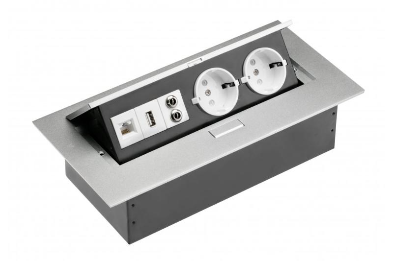 Predlžovací kábel na pracovný stôl 2x zásuvka Schuko, zásuvka USB, audio (banánová), zásuvka RJ45 (Ethernet), bez kábla, hliník 1208958663