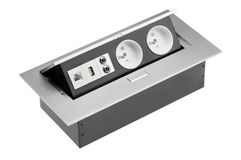 Predlžovací kábel na pracovný stôl, 2x zásuvka s uzemnením, USB zásuvka, audio (banánik), zásuvka RJ45 (Ethernet), bez kábla, hliník 1208958664
