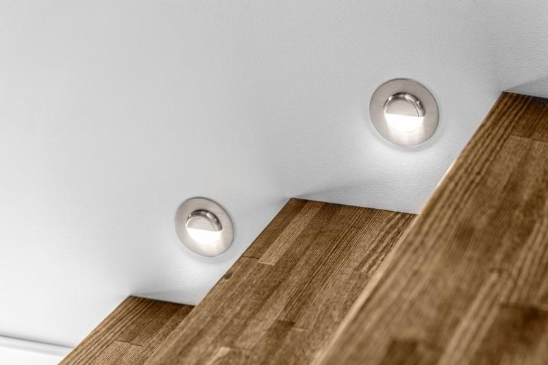 LED dekoratívne schodiskové svietidlo ESCADA OB DC12V, okrúhly matný sklenený kryt, 0,8W, 70lm, 4000K, nerezová oceľ, kábel 150cm.