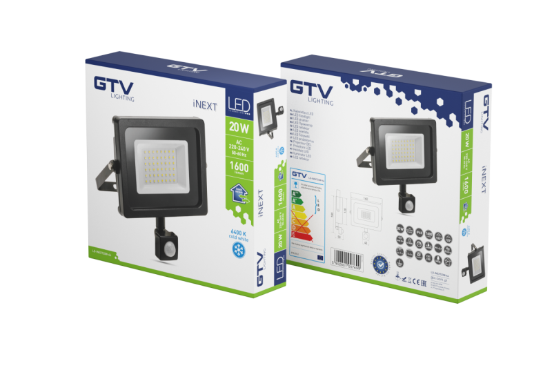 LED reflektor iNEXT s pohybovým senzorom 20 W 1600 lm, PF > 0,9, RA > 80, IP65, 120°, 6400 K, čierne telo 1208962859