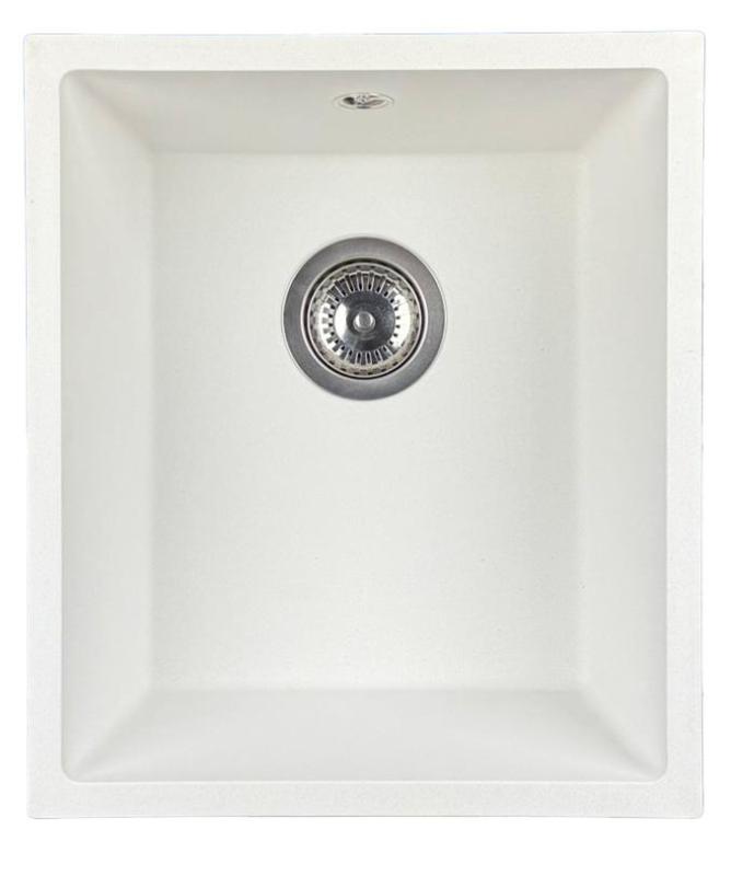 GraniteMy Universal žulový biely drez 34x40 cm biely, vrchná montáž, spodná montáž a rovná montáž s nerezovou zátkou 1208967107