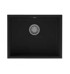 GraniteMy Universal žulový čierny drez 55x40 cm čierny, na montáž na dosku, pod dosku a na úroveň dosky s nerezovou zátkou 1208967108