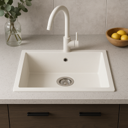 GraniteMy Universal granitový biely drez 55x40 cm biely, montáž na pracovnú dosku, montáž pod pracovnú dosku a montáž do roviny s pracovnou doskou s nerezovým uzáverom 1208967109