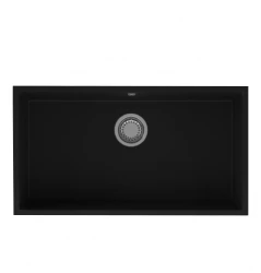 GraniteMy Universele grote zwarte granieten spoelbak 74x40 cm, zwart, voor inbouw, onderbouw en vlakbouw met roestvrijstalen plug 1208967110