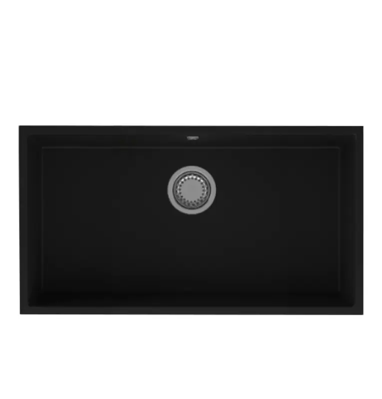 GraniteMy Universele grote zwarte granieten spoelbak 74x40 cm, zwart, voor inbouw, onderbouw en vlakbouw met roestvrijstalen plug 1208967110