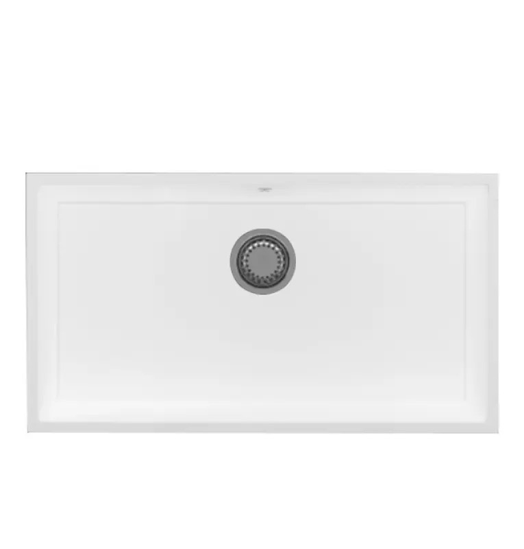 GraniteMy Universele granieten grote witte spoelbak 74x40 cm biela, montáž na pracovnú dosku, podmontáž a rovnomontáž s nerezovou zátkou 1208967111