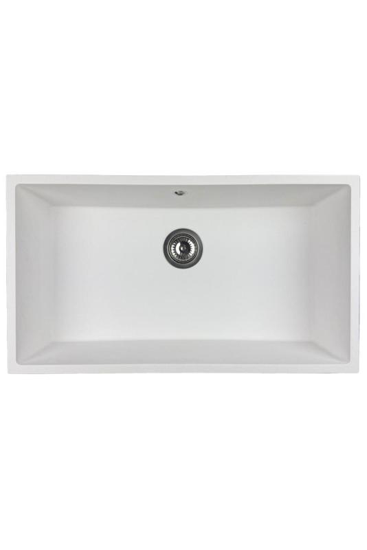 GraniteMy Universele granieten grote witte spoelbak 74x40 cm biela, montáž na pracovnú dosku, podmontáž a rovnomontáž s nerezovou zátkou 1208967111
