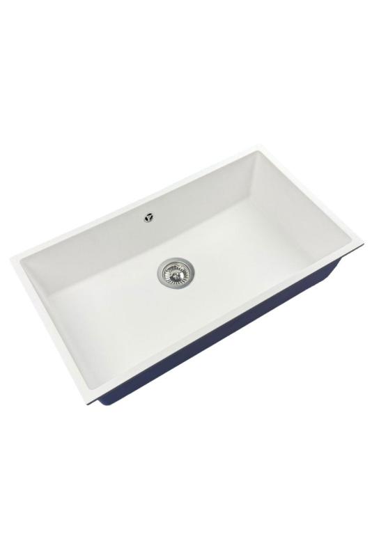 GraniteMy Universele granieten grote witte spoelbak 74x40 cm biela, montáž na pracovnú dosku, podmontáž a rovnomontáž s nerezovou zátkou 1208967111