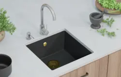 GraniteMy Universele granieten zwarte spoelbak 40x40 cm čierna na montáž na pracovnú dosku, pod montáž a rovná montáž so zlatou zátkou 1208967113