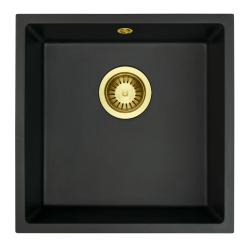 GraniteMy Universele granieten zwarte spoelbak 40x40 cm čierna na montáž na pracovnú dosku, pod montáž a rovná montáž so zlatou zátkou 1208967113