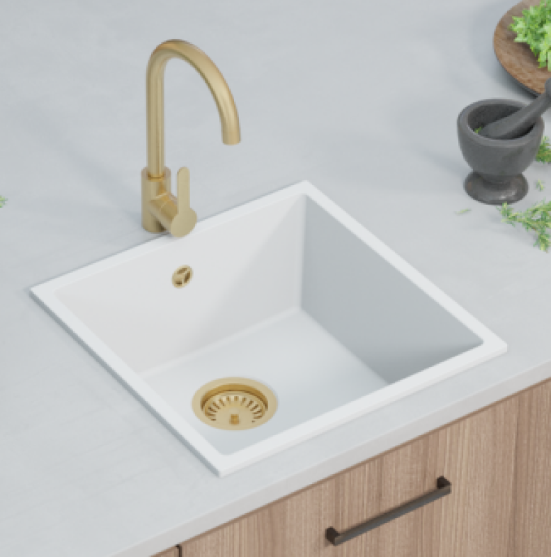 GraniteMy Universal granitový biely drez 40x40 cm biely montáž nad pracovnú dosku, pod pracovnú dosku a do roviny s pracovnou doskou so zlatou zátkou 1208967127