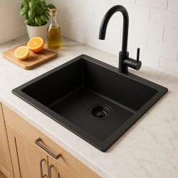 GraniteMy Universal granitový čierny drez 50x40 cm čierny, montáž na vrch, pod montáž a plochá montáž s čiernou zátkou 1208967129