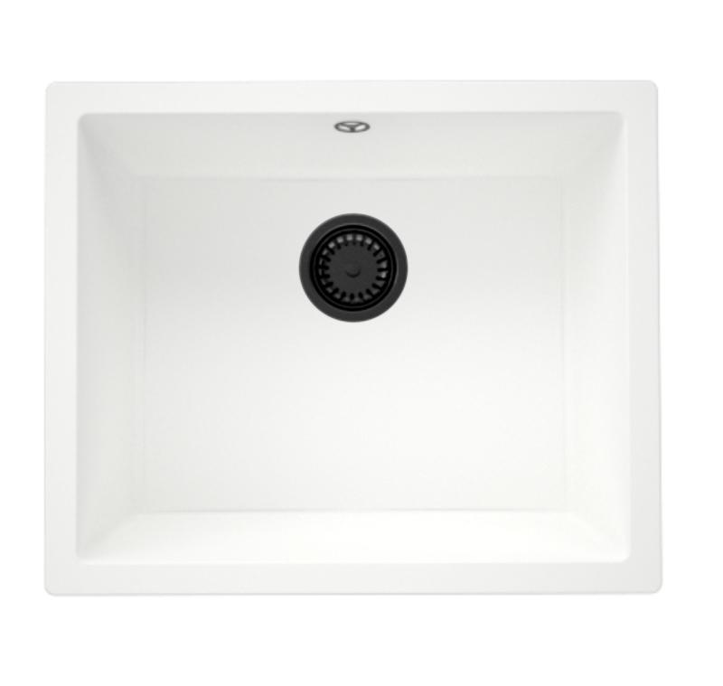 GraniteMy Universele granieten witte spoelbak 50x40 cm, wit, opbouw, onderbouw en vlakbouw met zwarte plug 1208967133