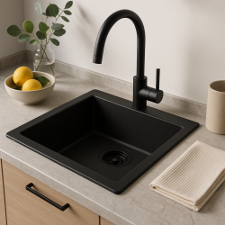 GraniteMy Universal granitový čierny drez 34x40 cm čierny na montáž na pracovnú dosku, pod pracovnú dosku a na rovnakú úroveň s čiernou zátkou 1208967143