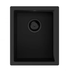 GraniteMy Universal granitový čierny drez 34x40 cm čierny na montáž na pracovnú dosku, pod pracovnú dosku a na rovnakú úroveň s čiernou zátkou 1208967143