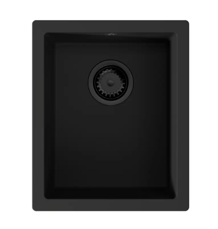 GraniteMy Universal granitový čierny drez 34x40 cm čierny na montáž na pracovnú dosku, pod pracovnú dosku a na rovnakú úroveň s čiernou zátkou 1208967143