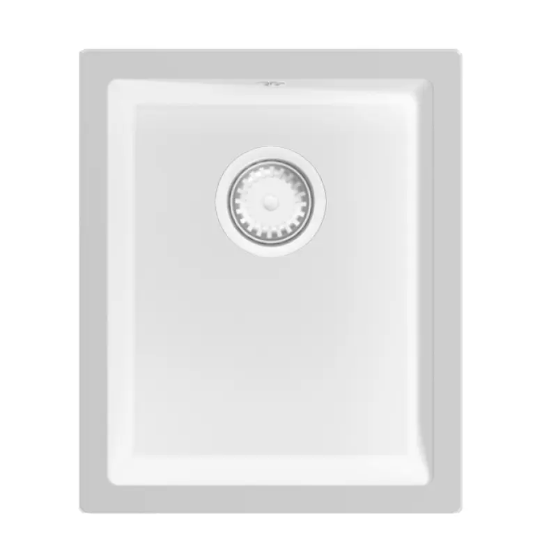 GraniteMy Universele granieten witte spoelbak 34x40 cm biela na montáž na pracovnú dosku, pod pracovnú dosku a na úroveň pracovnej dosky s bielou zátkou 1208967146