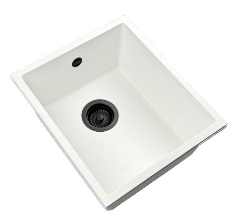 GraniteMy Universal žulový biely drez 34x40 cm biely na pracovnú dosku, pod pracovnú dosku a na rovinu s čiernou zátkou 1208967147
