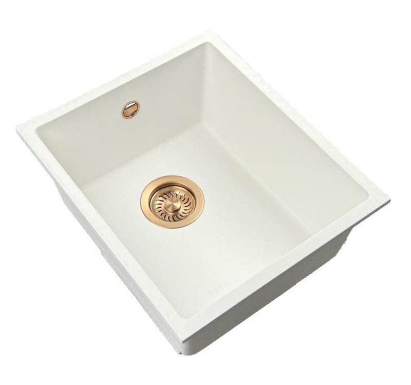GraniteMy Universele granieten witte spoelbak 34x40 cm biela, na vrch, pod a rovná montáž, s medenou zátkou 1208967148