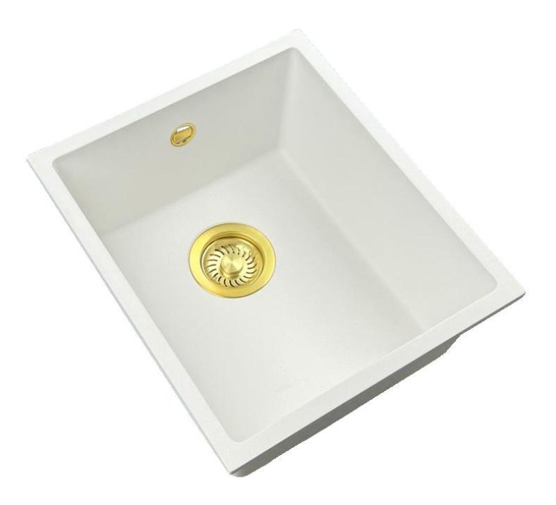 GraniteMy Universal žulový biely drez 34x40 cm biely, montáž na pracovnú dosku, pod pracovnú dosku a do roviny s pracovnou doskou so zlatou zátkou 1208967149