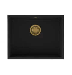 GraniteMy Universele granieten zwarte spoelbak 55x40 cm zwart, opbouw, onderbouw en vlakbouw met gouden plug 1208967151