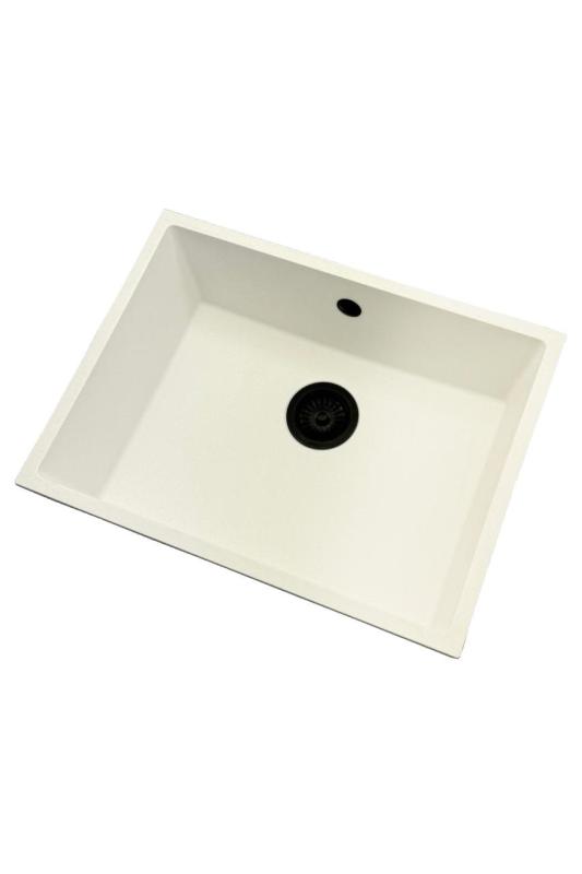 GraniteMy Universele granieten witte spoelbak 55x40 cm biela, montáž zhora, zdola a zarovno s doskou s čiernou zátkou 1208967154