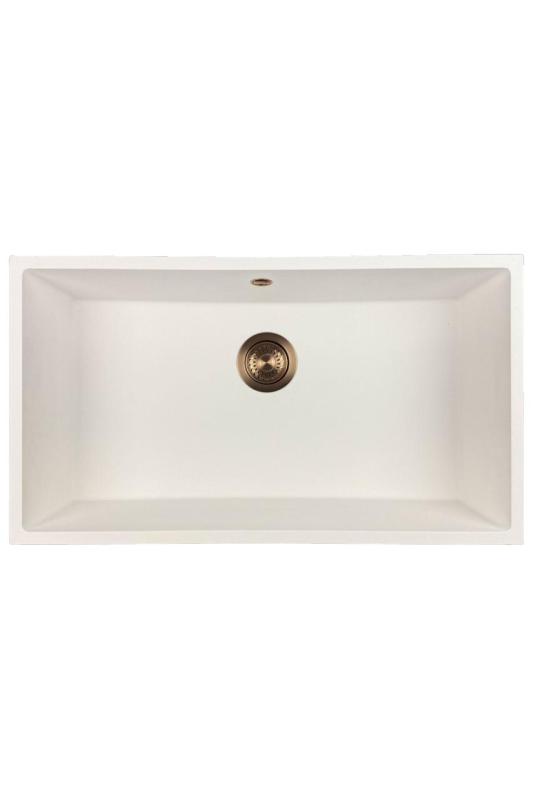 GraniteMy Universal granitový veľký biely drez 74x40 cm biely na pracovnú dosku, pod pracovnú dosku a do roviny s pracovnou doskou s medenou zátkou 1208967162