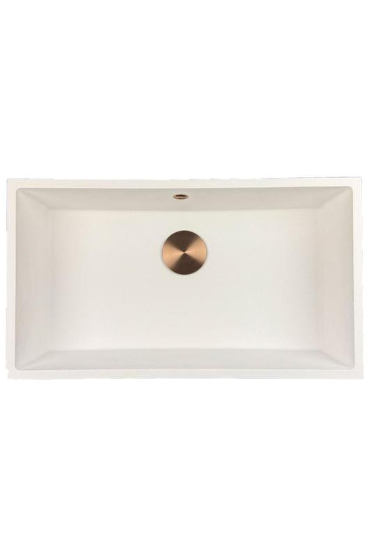GraniteMy Universal granitový veľký biely drez 74x40 cm biely na pracovnú dosku, pod pracovnú dosku a do roviny s pracovnou doskou s medenou zátkou 1208967162