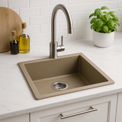 GraniteMy Universal granitový taupe drez 40x40 cm nadstavba, podstavba a plochá montáž s nerezovou zátkou 1208967211
