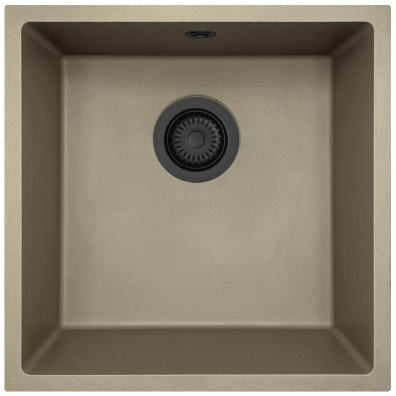 GraniteMy Universal žulový taupe drez 40x40 cm s montážou na dosku, pod dosku a do roviny s čiernou zátkou 1208967213