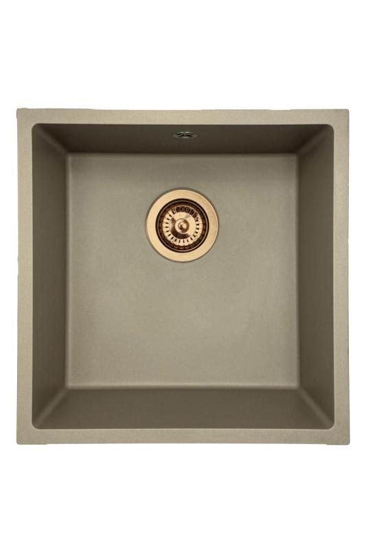 GraniteMy Universal granitový taupe drez 40x40 cm na montáž zhora, zospodu a do roviny s medenou zátkou 1208967214