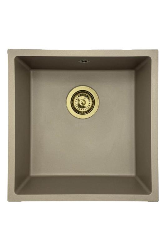 GraniteMy Universal žulový taupe drez 40x40 cm na zapustenie, podstavbu a rovnú montáž so zlatou zátkou 1208967215