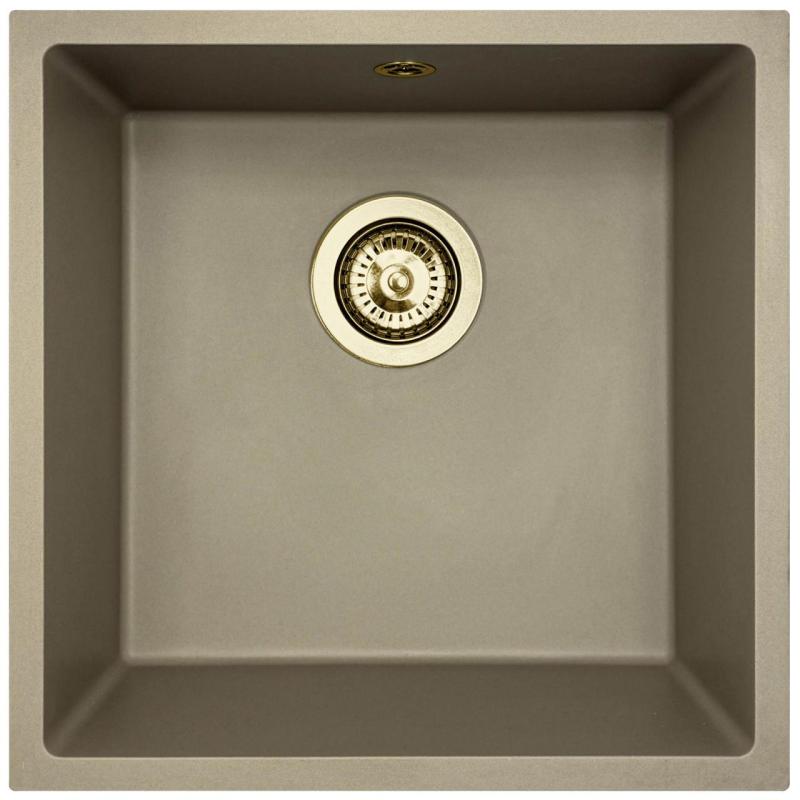 GraniteMy Universal žulový taupe drez 40x40 cm na zapustenie, podstavbu a rovnú montáž so zlatou zátkou 1208967215