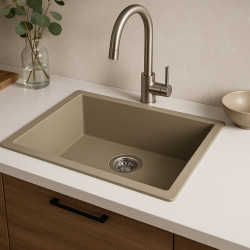 GraniteMy Universele granieten taupe gootsteen 50x40 cm voor opbouw, onderbouw en vlakbouw met roestvrijstalen plug 1208967223