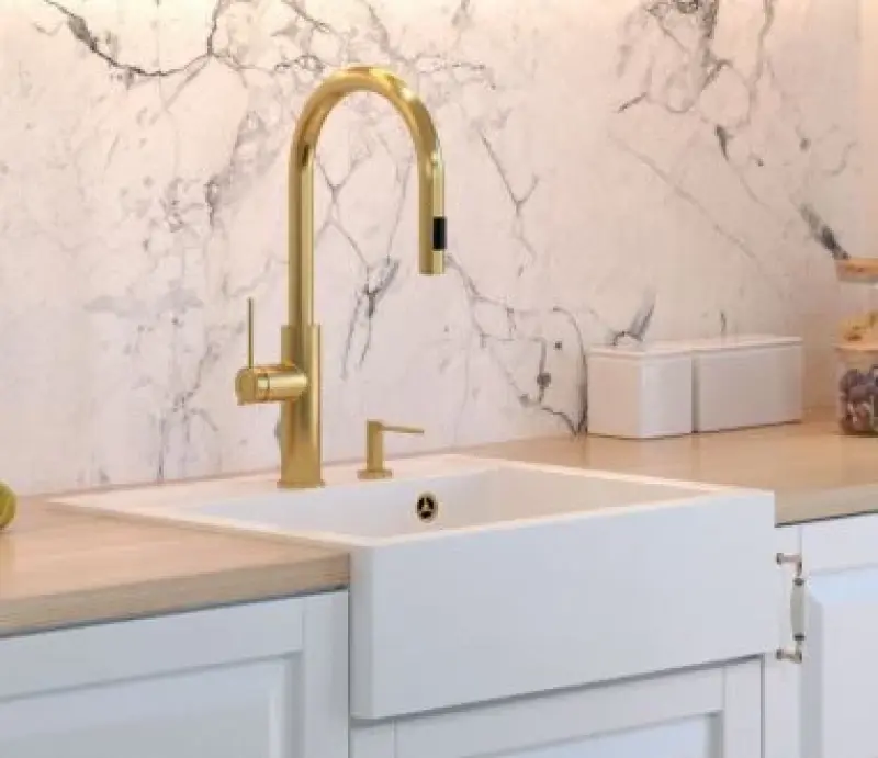 Quadri Farmhouse vidiecky zapustený alebo nadstavbový žulový drez matná biela s medenou zátkou 595x540mm 1208967265