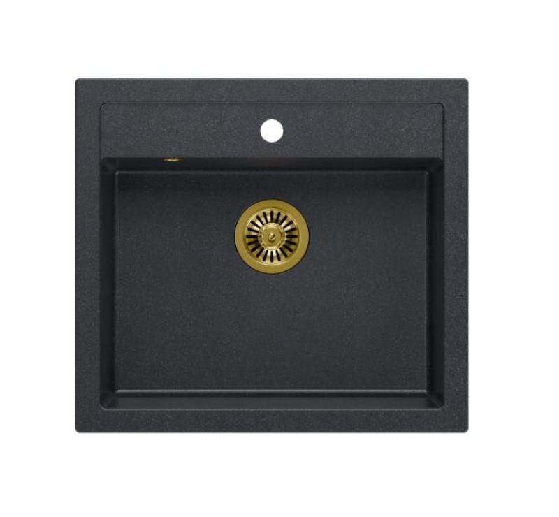 Quadri Farmhouse rustiek granieten aanrecht of inbouw spoelbak antraciet met gouden afvoerplug 595x540mm 1208967267