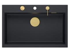 Quadri Hard Rock matne čierne granitové nadstavbové veľké umývadlo 76x50cm vrátane zlatej zátky a príslušenstva 1208967277
